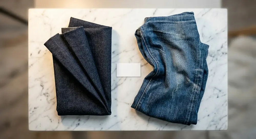 Folded and unfolded denim jeans displayed.